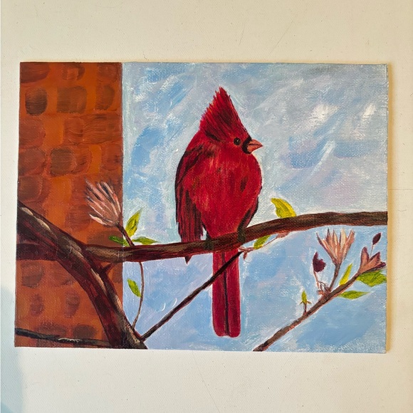 7 x 9 inch Red Cardinal bird original thin acrylic painting on canvas tree - Picture 3 of 4
